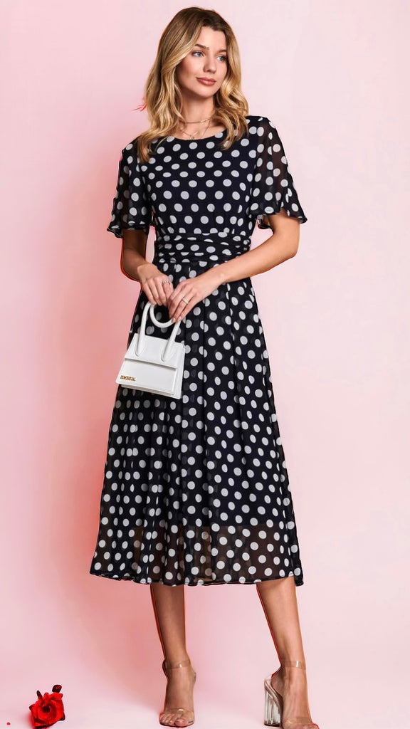 4-A1787 Navy Spotty Chiffon Dress