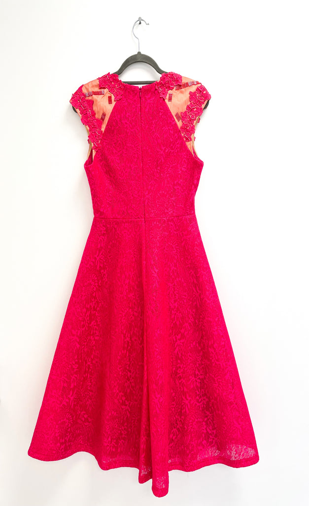 4-A1652 Karen Lace Brocade Flare Dress Fushia