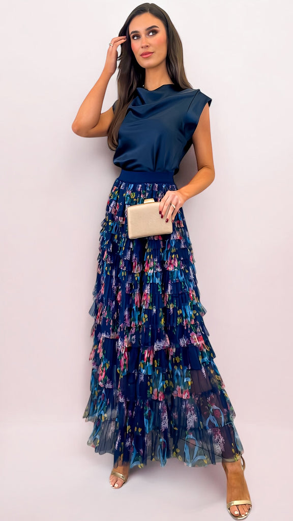 A1965 Navy Multi Tulle Ruffle Maxi Skirt