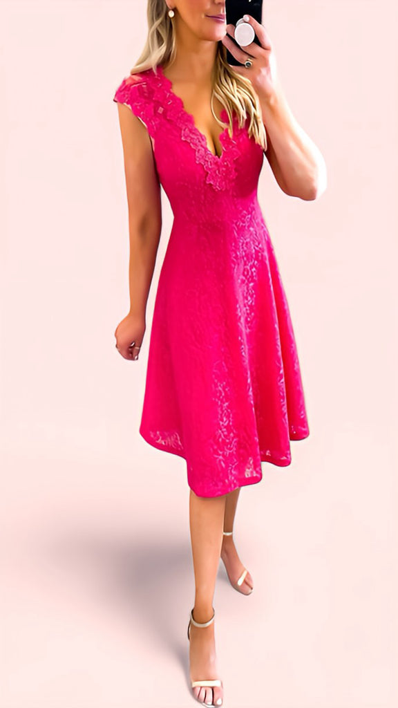 4-A1652 Karen Lace Brocade Flare Dress Fushia