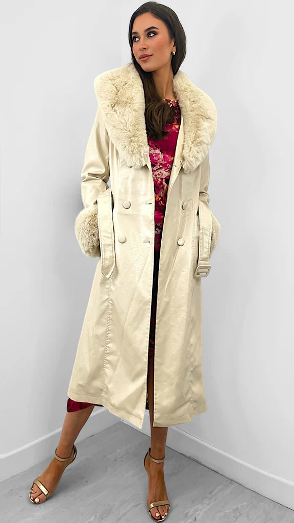 4-A1914 Beige Detachable Fur Luxury Coat