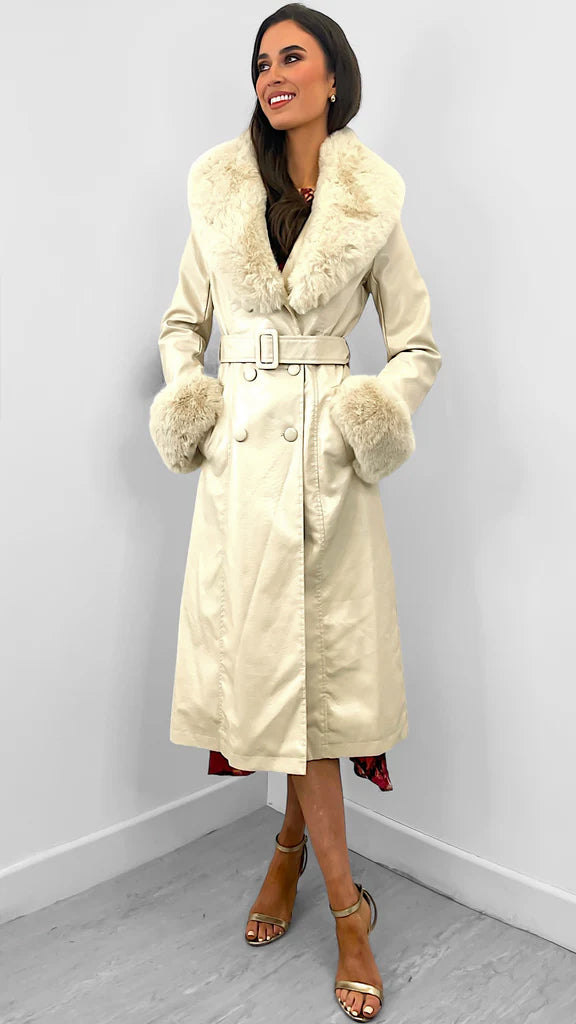 4-A1914 Beige Detachable Fur Luxury Coat