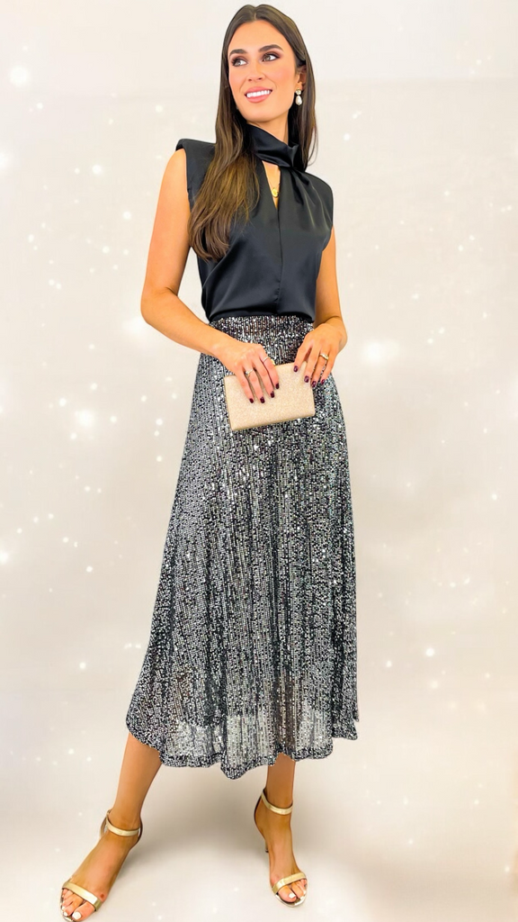 A2041 Black/Silver Sequin Midi Skirt