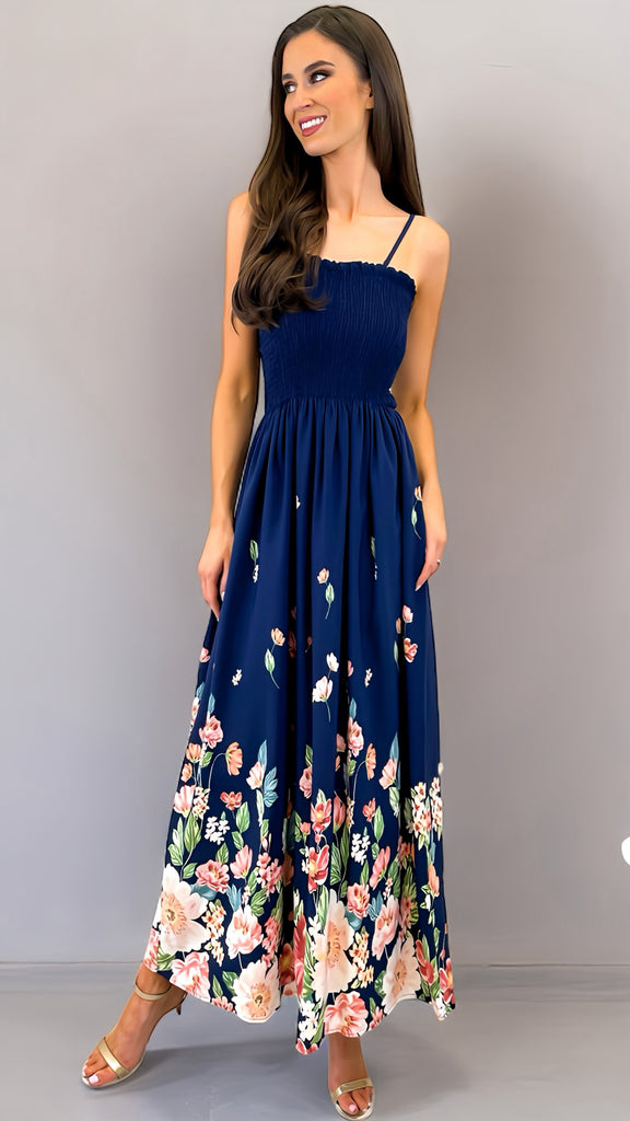 4-A1725 Berna Navy Print Maxi Dress