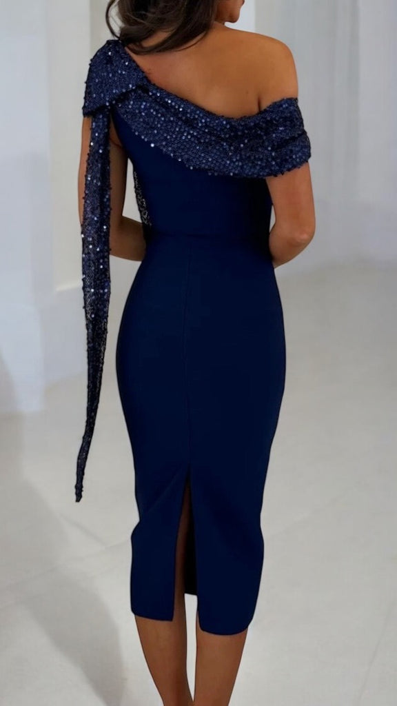 A1994 Navy Bandage Sequin Trim Dress