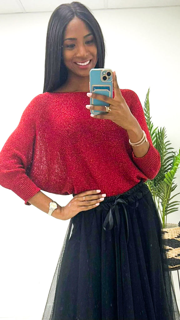 A2077 Red Lurex Fine Knit Bow Top