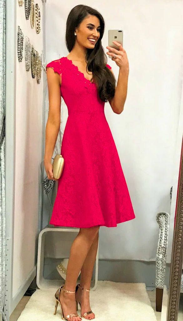 4-A1652 Karen Lace Brocade Flare Dress Fushia