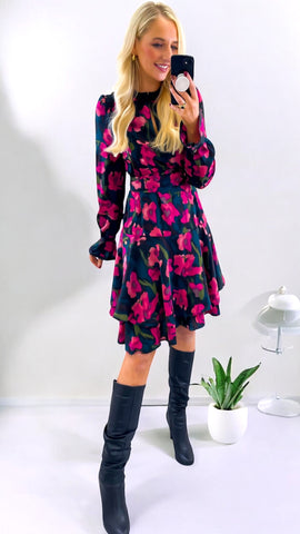 5-A2143 Michi Black Floral High Neck Dress