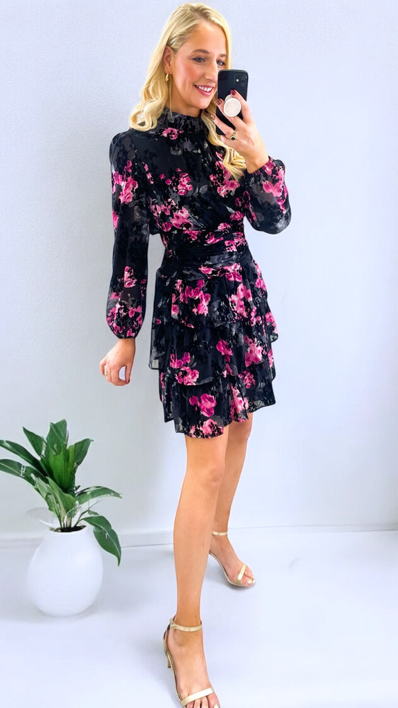 5-A2047 High Neck Black/Pink Floral Mini Dress