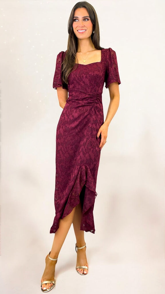 4-A2049 Heidi Floral Burnout Midi Dress Wine