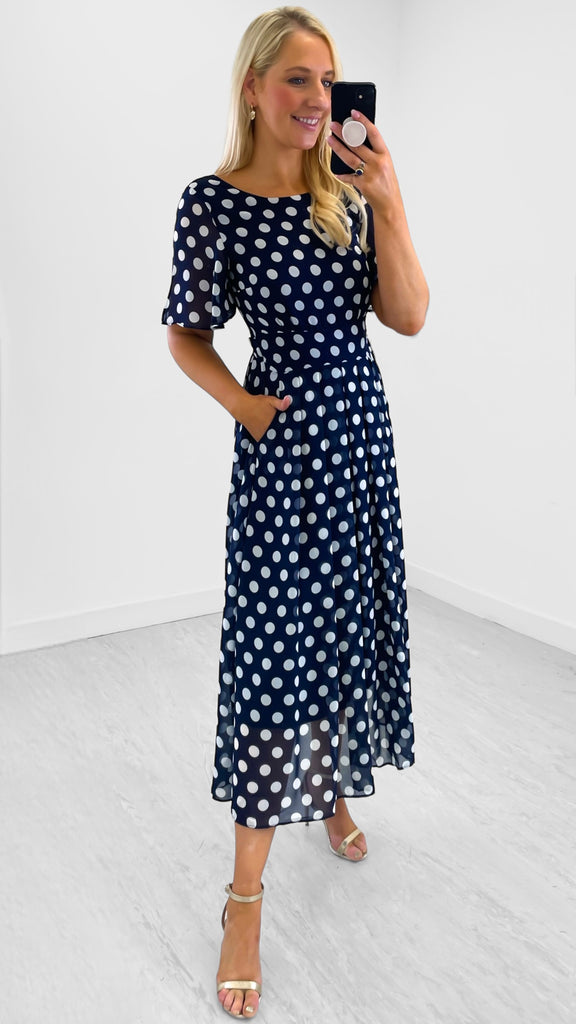 4-A1787 Navy Spotty Chiffon Dress