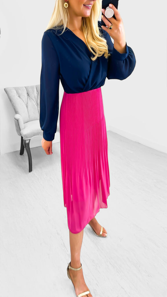 A1912 Navy/Pink 2 Tone Pleat Dress