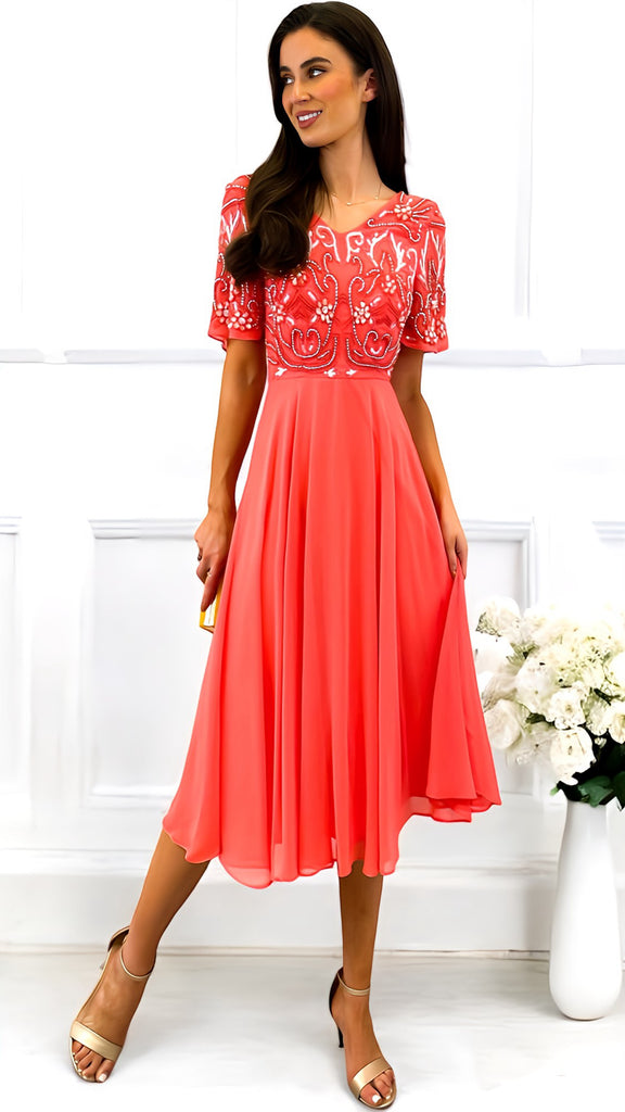 5-A1807 Coral Embellished Flare Dress