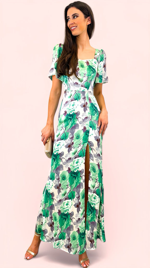 4-A1662 Green Floral Bank Midaxi Dress