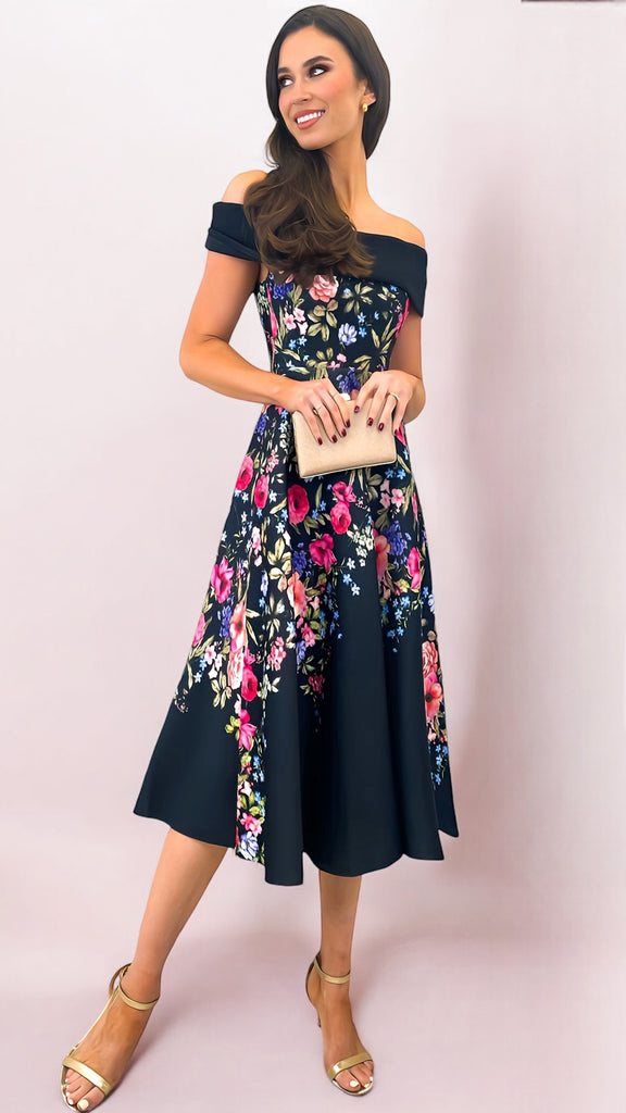 4-A1920 Judie Black Floral Bardot Flare Dress