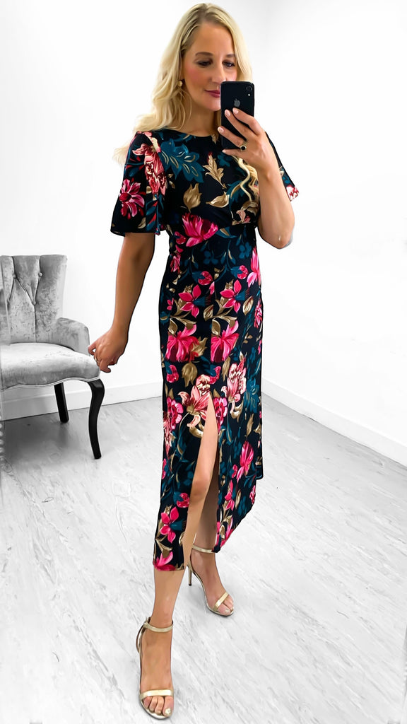 4-A1958 Britney Black/Pink Floral Midi Dress