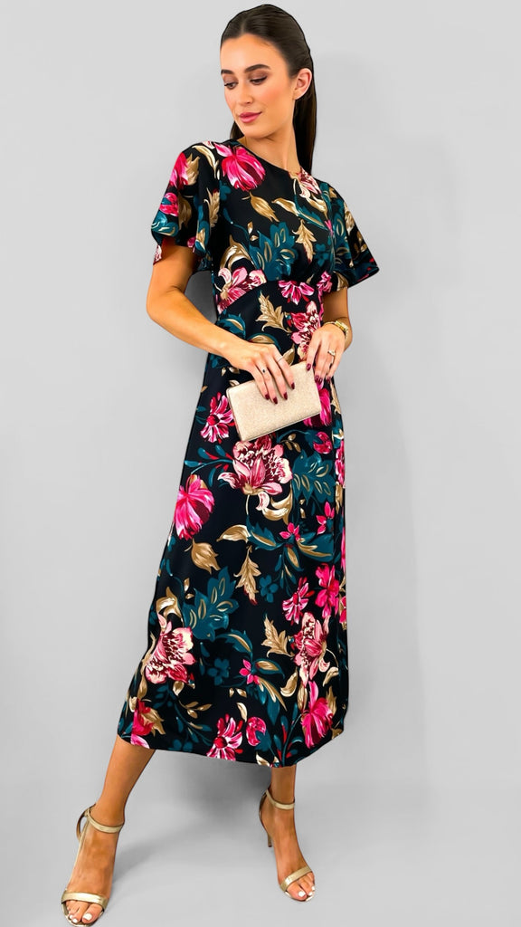 4-A1958 Britney Black/Pink Floral Midi Dress