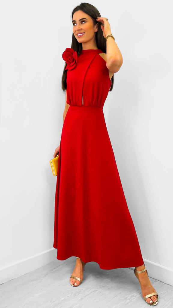 A1851 Red Open Back Halter Dress