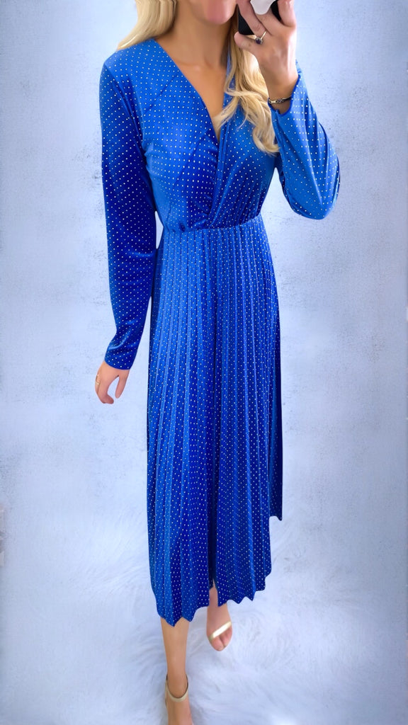 A2087BB Blue Dotty Velvet Pleat Dress