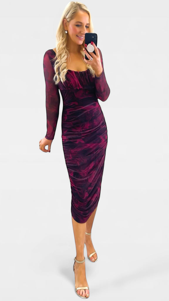 A2106 Tiara Burgundy Print Rouched Dress