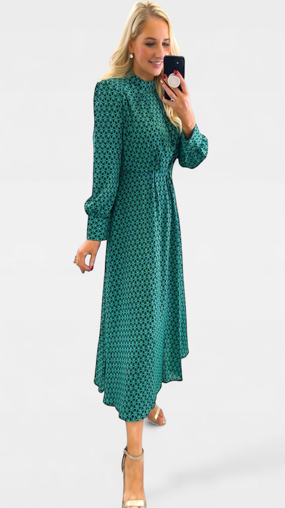 A2110 Green Geo Print Midi Dress