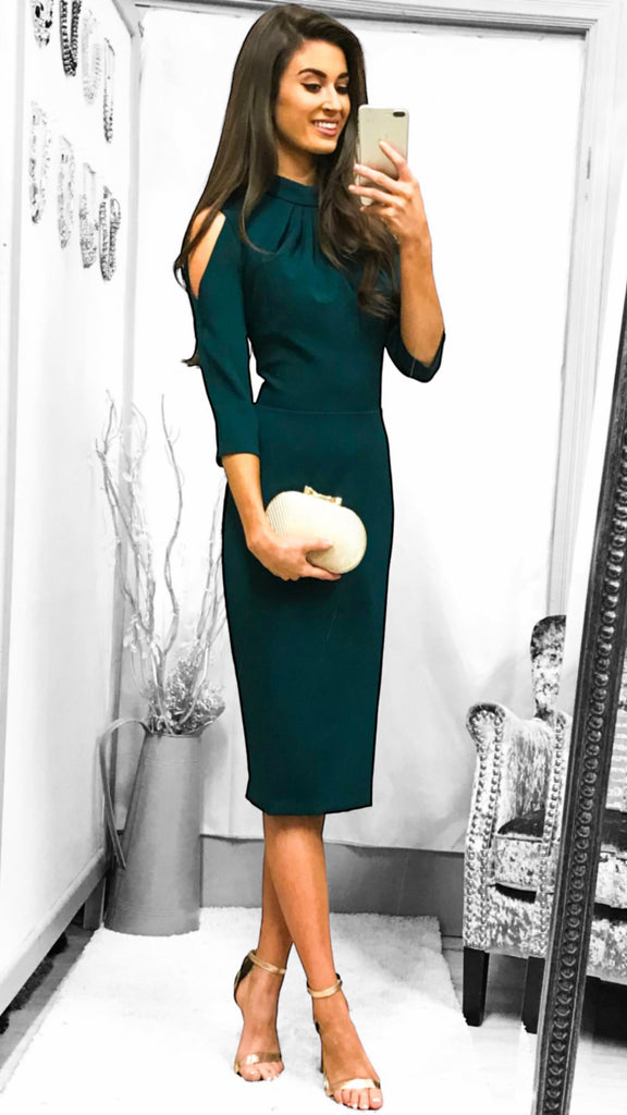 A2115 Green Cold Shoulder Pencil Dress