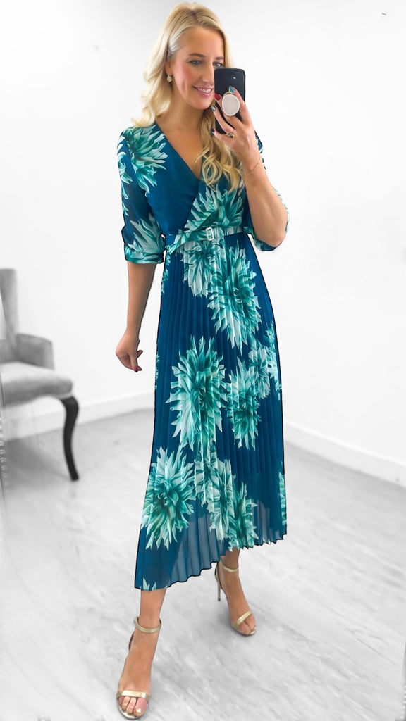 1-A2125 Teal Print Inia Pleat Dress