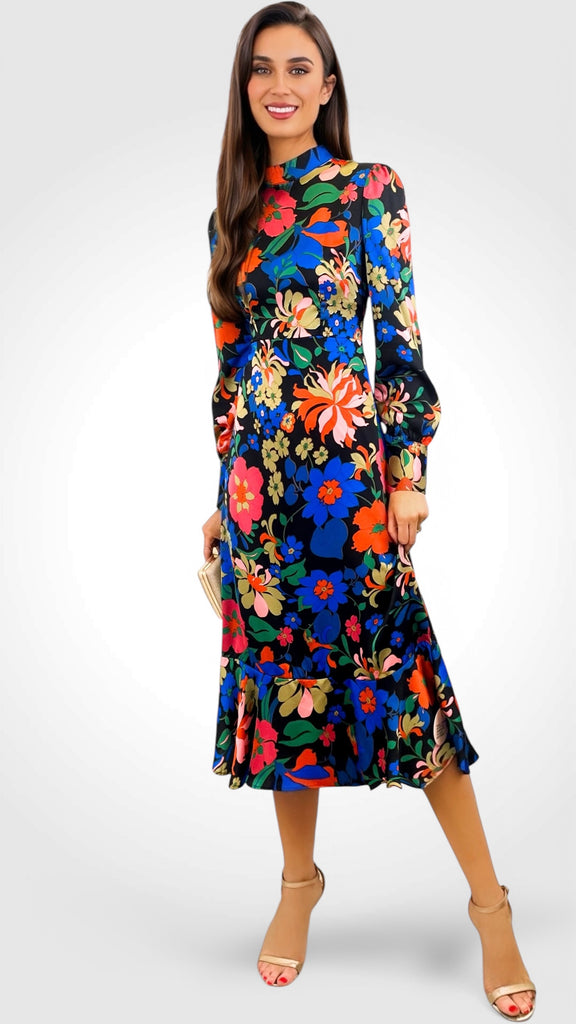 A2143 Michi Black Floral High Neck Dress