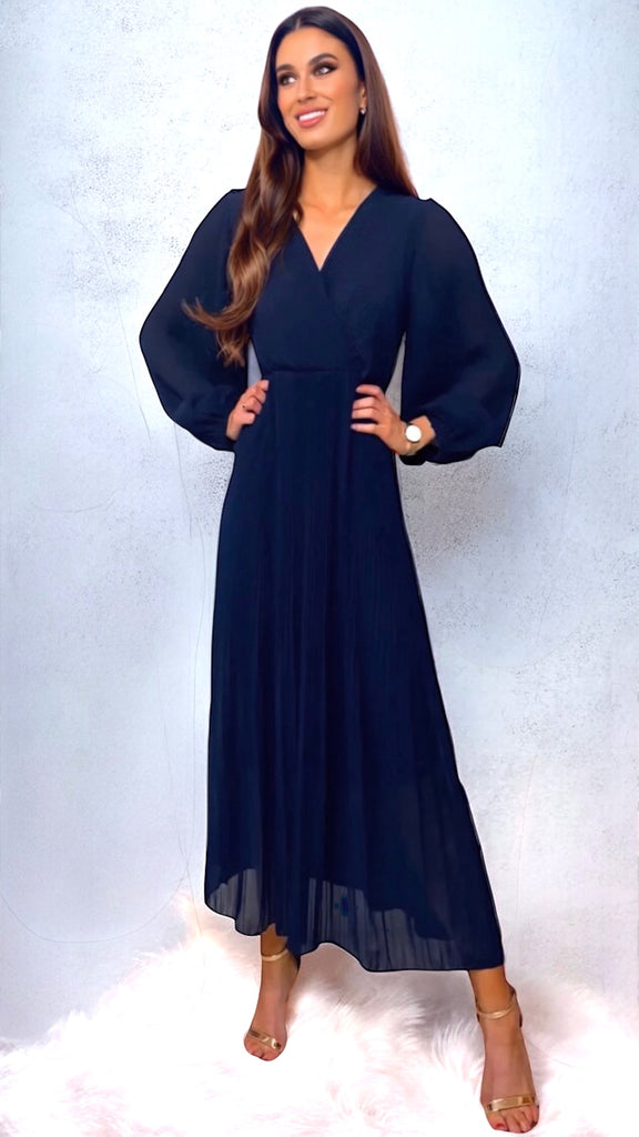 A2150 Navy Ciana Pleated Midi Dress