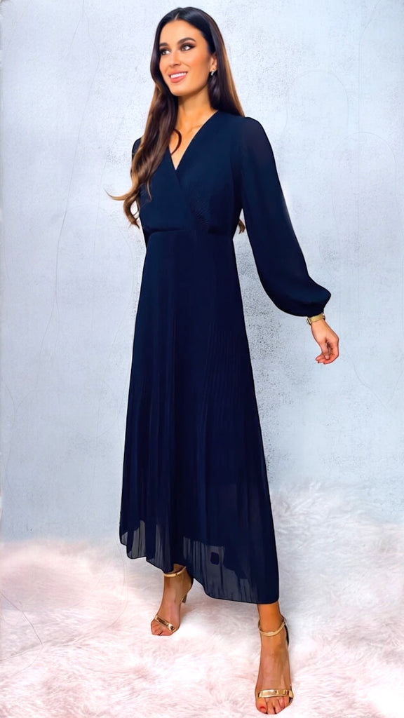 A2150 Navy Ciana Pleated Midi Dress