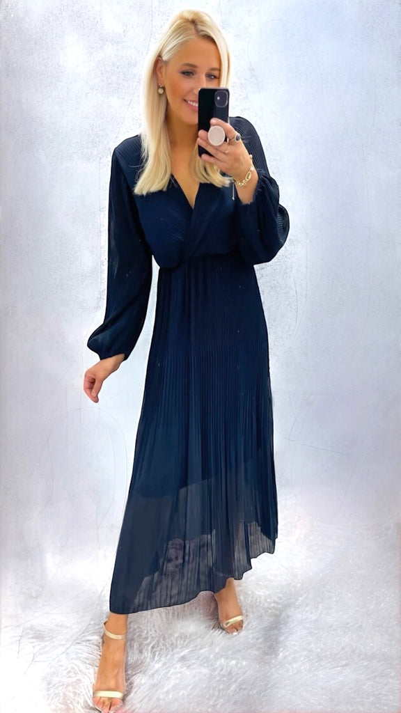 A2150 Navy Ciana Pleated Midi Dress