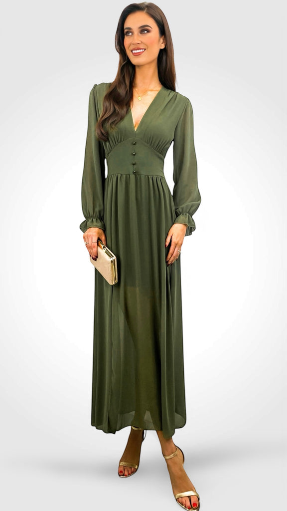 A2154 Khaki Dilys Button Dress