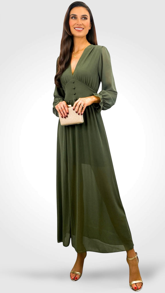 A2154 Khaki Dilys Button Dress