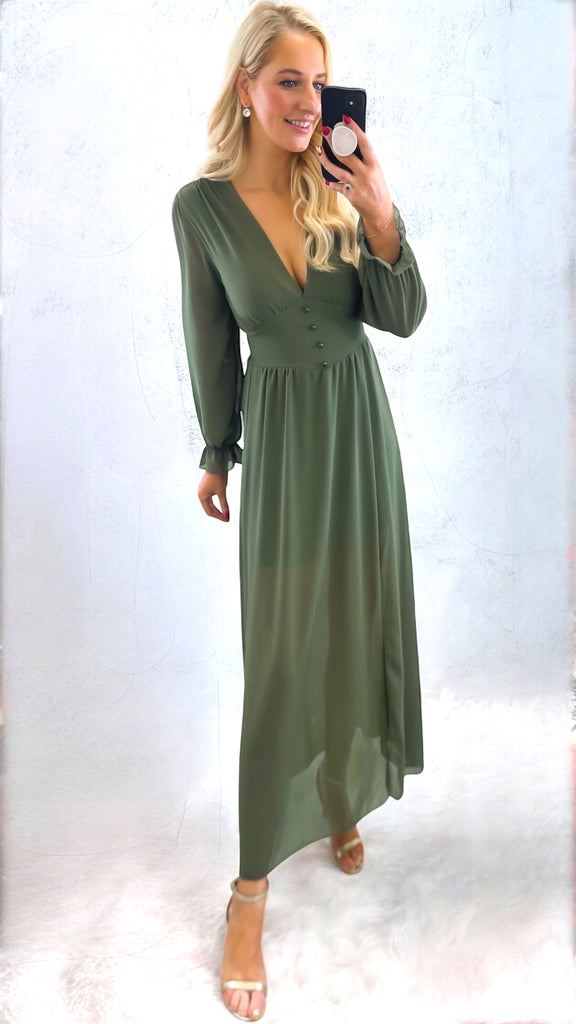 A2154 Khaki Dilys Button Dress