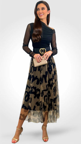 A2127 2 Way Khaki Print Pleat Dress