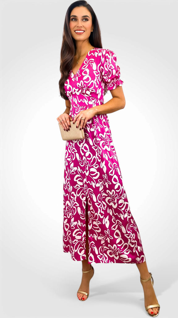 A2160 Ingrid Pink/White Print Midi Dress