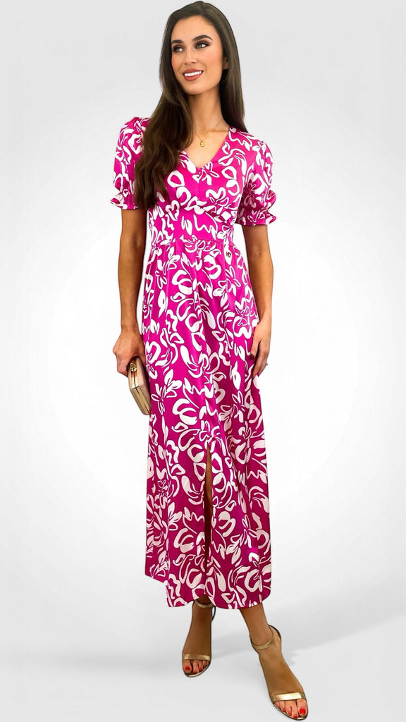 A2160 Ingrid Pink/White Print Midi Dress