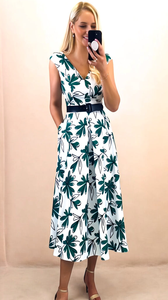 A2196CC Shakira Green/White Print Flare Dress