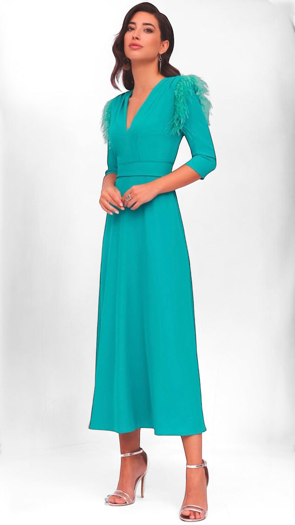 A2182 Turquoise Feather Trim Flare Dress