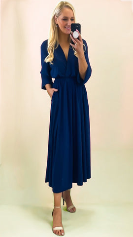 1-A2193 Enya Navy/Beige Circles Midi Dress