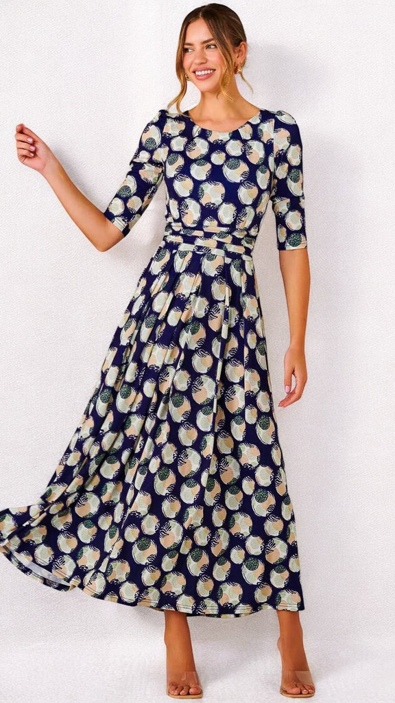 1-A2193 Enya Navy/Beige Circles Midi Dress