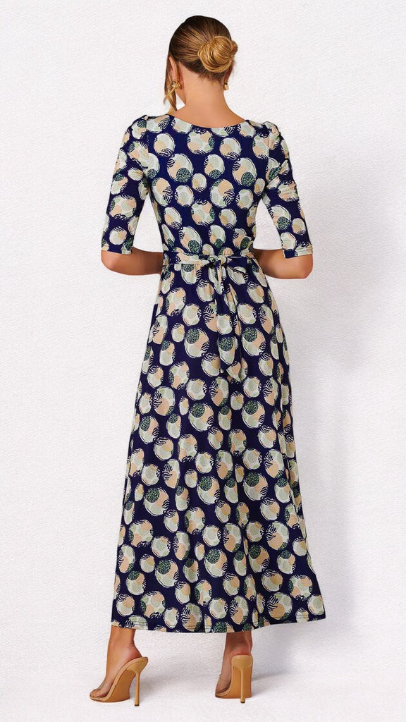 1-A2193 Enya Navy/Beige Circles Midi Dress