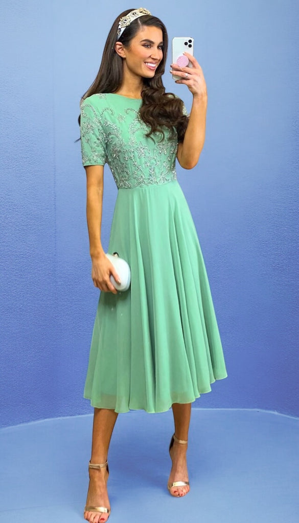 A2215GG Sage Embellished Flare Dress