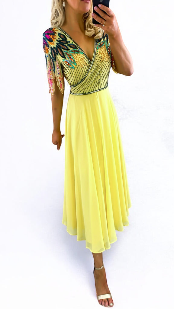 A2243 Yellow Embellished Flare Dress