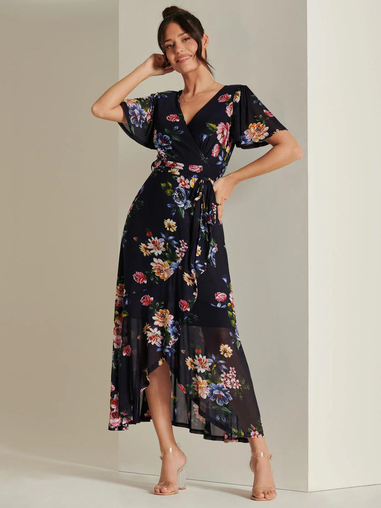 5-A2163 Navy Floral Dip Hem Frill Dress