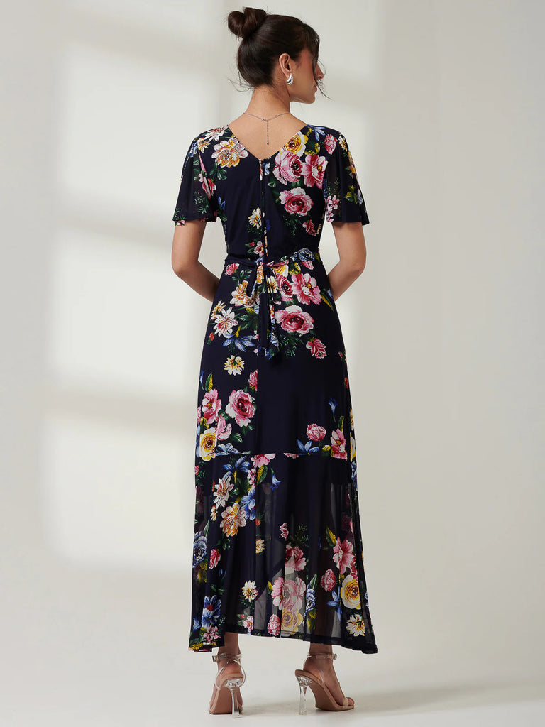 5-A2163 Navy Floral Dip Hem Frill Dress