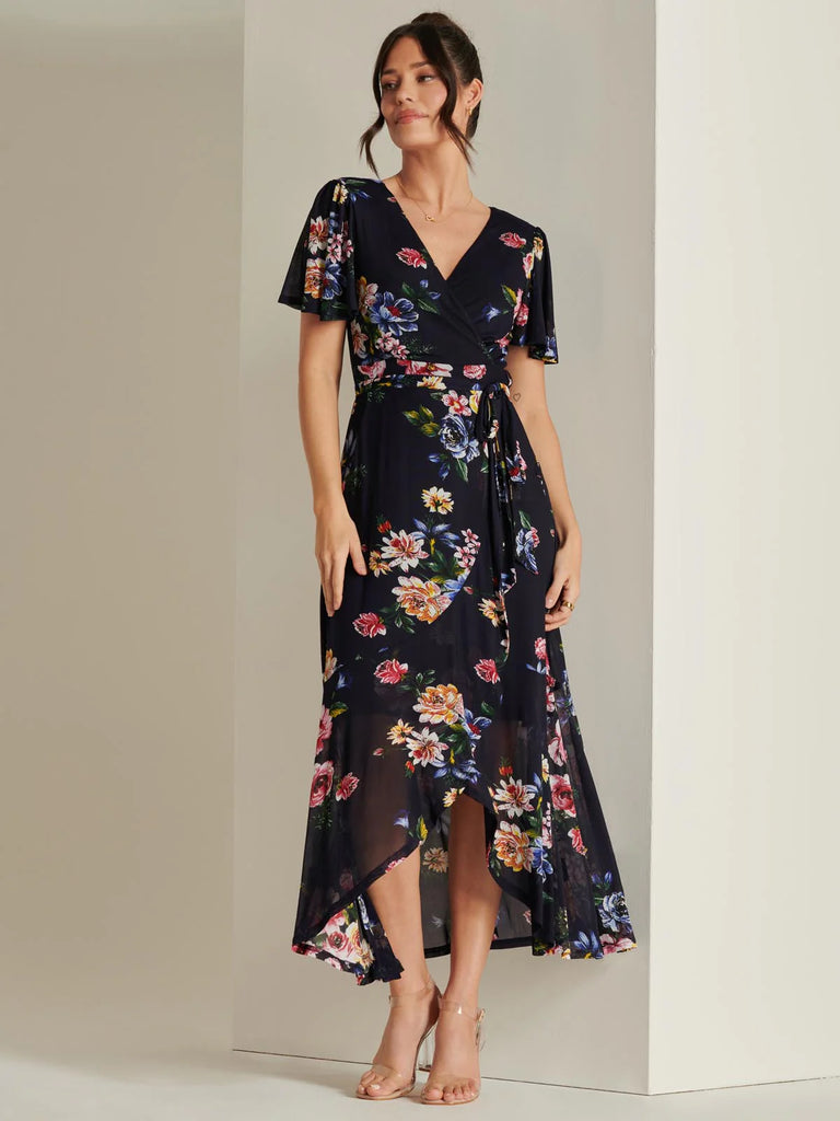 5-A2163 Navy Floral Dip Hem Frill Dress