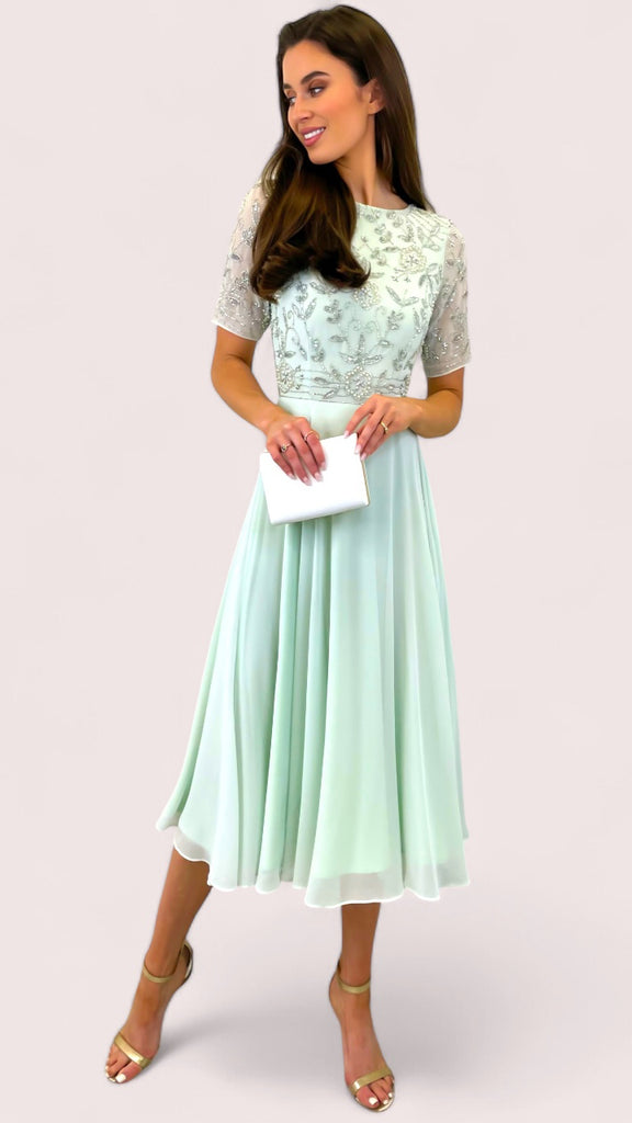 5-A2096GG Mint Embellished Flare Dress