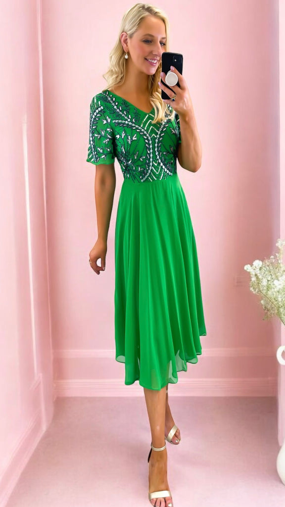 Emerald Embellished Flare Dresses dresses online party dresses occasion dresses Dressesonline.ie Ci Ci Boutique Ireland