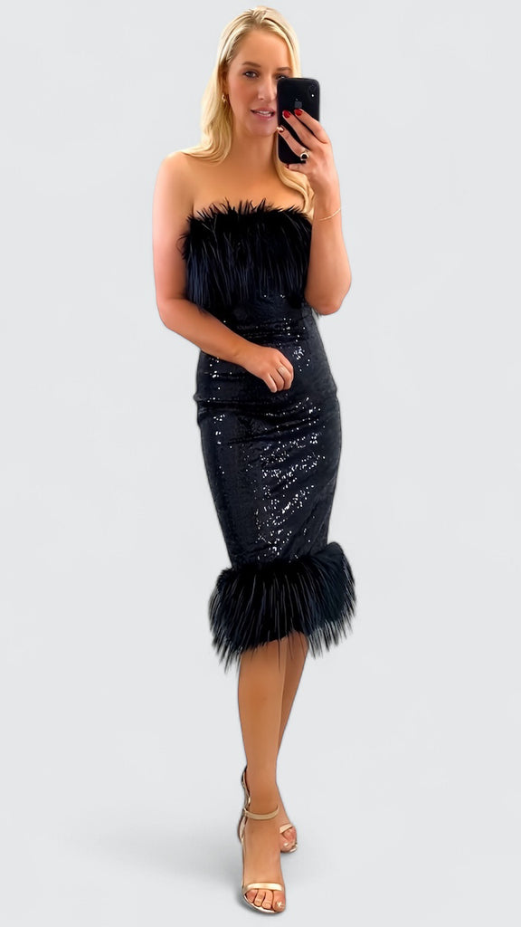 A2076 Black Feather Trim Sequin Dress